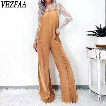 VEZFAA Женская мода Повседневная Летняя Весна Однотонный Принт Без Рукавов Подтяжки Свободные Брюки Талии Комбинезоны и Ромперы S