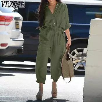 VEZFAA Женская мода Повседневная Летняя Весна Однотонный Принт Короткий Рукав V-образный Вырез Высокая Талия Брюки Комбинезоны и Ромперы S зелёный