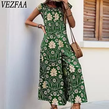 VEZFAA Женская мода повседневная летняя весенняя цветочная модель с принтом, коротким рукавом, круглым вырезом, свободными брюками с талией, комбинезонами и ромперами S синий