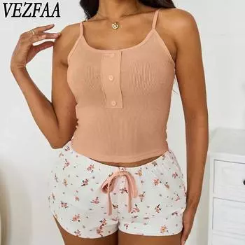VEZFAA Женская мода повседневная летняя весенняя цветочная модель с принтом без рукавов подтяжки брюки костюмы S розовый