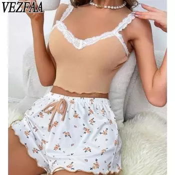 VEZFAA Женская мода повседневная летняя весенняя цветочная безрукавка с V-образным вырезом брюки костюмы S розовый