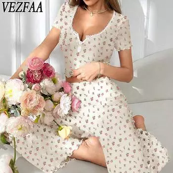 VEZFAA Женская мода повседневная летняя весенняя цветочная модель с принтом короткий рукав V-образный вырез брюки брюки костюмы S белый