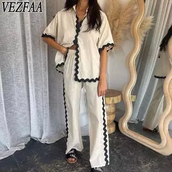 VEZFAA Женская мода повседневная летняя весенняя кружевная печать с коротким рукавом воротник поло брюки брюки костюмы S абрикосовый
