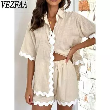 VEZFAA Женская мода повседневная летняя весенняя кружевная печать с коротким рукавом воротник поло брюки брюки костюмы S
