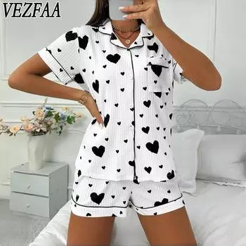 VEZFAA Женская мода повседневная летняя весенняя одежда с принтом любовных писем с коротким рукавом и воротником-поло, брюки, костюмы S
