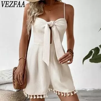 VEZFAA Женская мода повседневная летняя весенняя однотонная принтованная безрукавка с подтяжками брюки с высокой талией комбинезоны и ромперы S абрикосовый