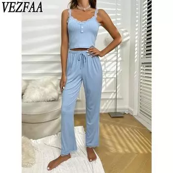 VEZFAA Женская мода повседневная летняя весенняя однотонная принтовая безрукавка подтяжки брюки костюмы S зелёный