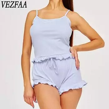 VEZFAA Женская мода повседневная летняя весенняя однотонная принтовая безрукавка подтяжки брюки костюмы XL чёрный