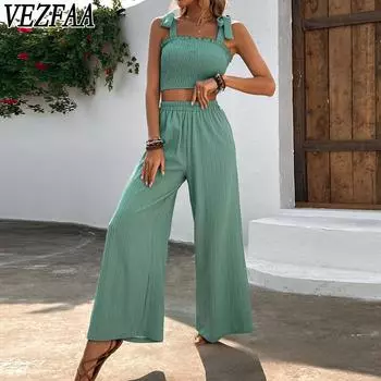 VEZFAA Женская мода повседневная летняя весенняя однотонная принтовая безрукавка подтяжки брюки костюмы S чёрный