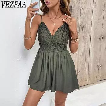 VEZFAA Женская мода повседневная летняя весенняя однотонная принтованная безрукавка с подтяжками брюки с высокой талией комбинезоны и ромперы S армия зеленый