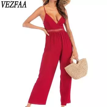 VEZFAA Женская мода повседневная летняя весенняя однотонная принтованная безрукавка с подтяжками брюки с высокой талией комбинезоны и ромперы S бордовый
