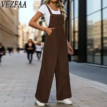 VEZFAA Женская мода повседневная летняя весенняя однотонная принтованная безрукавка с подтяжками брюки с высокой талией комбинезоны и ромперы S