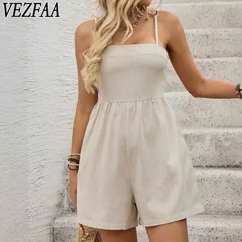 VEZFAA Женская мода повседневная летняя весенняя однотонная принтованная безрукавка с подтяжками брюки с высокой талией комбинезоны и ромперы S абрикосовый