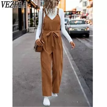 VEZFAA Женская мода повседневная летняя весенняя однотонная принтованная безрукавка с подтяжками брюки с высокой талией комбинезоны и ромперы S хаки