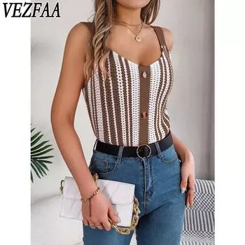 VEZFAA Женская мода повседневная летняя весна цветные блоки принт без рукавов V-образный вырез блузки и рубашки S темно-коричневого