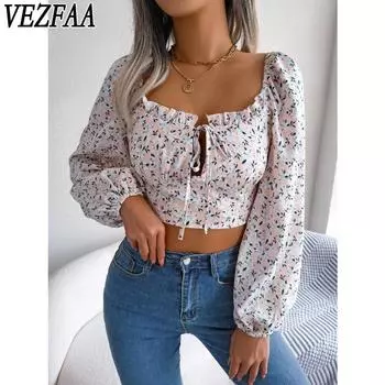 VEZFAA Женская мода повседневная летняя весна цветочный узор с принтом длинный рукав U-образный вырез блузки и рубашки S белый