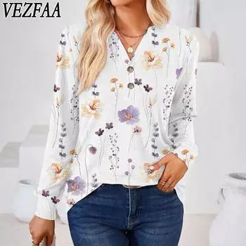 VEZFAA Женская мода повседневная летняя весна цветочный узор принт длинный рукав V-образный вырез блузки и рубашки S серый