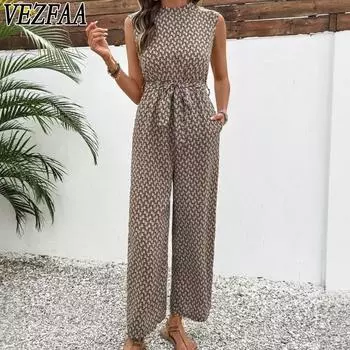 VEZFAA Женская мода повседневная летняя весна геометрический принт без рукавов с круглым вырезом и высокой талией брюки комбинезоны и комбинезоны S хаки