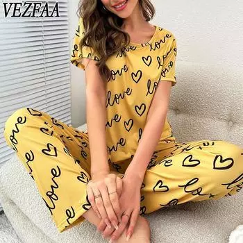 VEZFAA Женская мода повседневная летняя весна Love Letter Print с коротким рукавом и круглым вырезом Брюки Брючные костюмы S