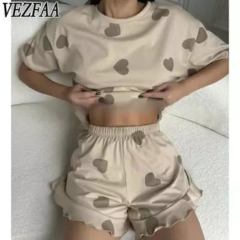 VEZFAA Женская мода повседневная летняя весна Love Letter Print с коротким рукавом и круглым вырезом Брюки Брючные костюмы S