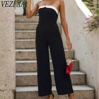 VEZFAA Женская мода повседневная летняя весна однотонная без рукавов с принтом брюки средней талии комбинезоны и ромперы S чёрный