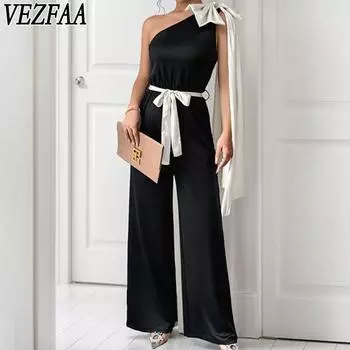 VEZFAA Женская мода повседневная летняя весна однотонная без рукавов с косым воротником и высокой талией брюки комбинезоны и комбинезоны S чёрный