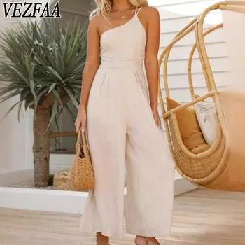 VEZFAA Женская мода повседневная летняя весна однотонная без рукавов с косым воротником и высокой талией брюки комбинезоны и комбинезоны S зелёный