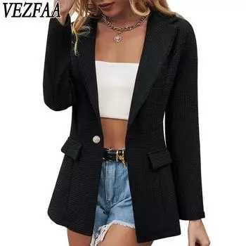 VEZFAA Женская мода повседневная летняя весна однотонные принты с длинным рукавом блузки и рубашки S чёрный