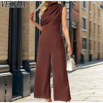 VEZFAA Женская мода повседневная летняя весна однотонный принт без рукавов с высоким воротом и высокой талией брюки комбинезоны и комбинезоны S