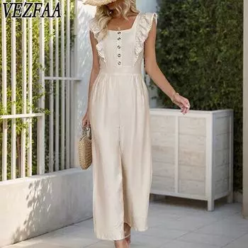 VEZFAA Женская мода повседневная летняя весна однотонный принт короткий рукав квадратный воротник высокая талия брюки комбинезоны и комбинезоны S абрикосовый