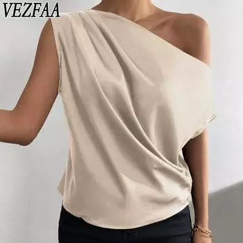 VEZFAA Женская мода повседневная летняя весна однотонный принт без рукавов косой воротник блузки и рубашки S чёрный