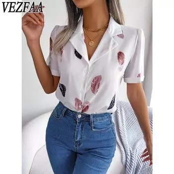 VEZFAA Женская мода повседневная летняя весна перо принт короткий рукав воротник поло блузки и рубашки S белый