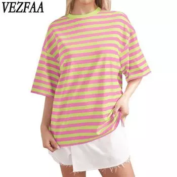 VEZFAA Женская мода повседневная летняя весна полосатый принт 1/2 рукава О-образный вырез блузки и рубашки S