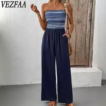 VEZFAA Женская мода повседневная летняя весна полосатый принт без рукавов с высокой талией брюки комбинезоны и комбинезоны S темно-синий
