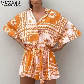 VEZFAA Женская мода повседневная летняя весна рукава поло с высокой талией брюки комбинезоны и комбинезоны S жёлтый