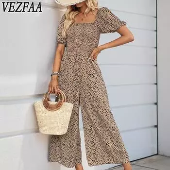 VEZFAA Женская мода повседневная летняя весна с коротким рукавом квадратный воротник высокая талия брюки комбинезоны и комбинезоны S зелёный