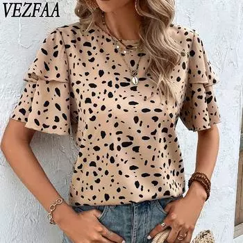 VEZFAA Женская мода Повседневная Лето Весна Короткие рукава О-образный вырез Блузки и рубашки S чёрный