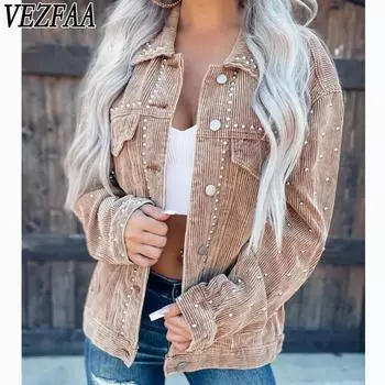 VEZFAA Женская мода повседневная одежда с принтом в горошек осень-зима с длинным рукавом и воротником-поло куртки и пальто S хаки