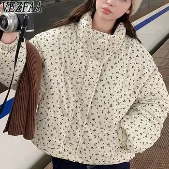 VEZFAA Женская мода Повседневная Осень Зима Цветочный узор Принт Длинные рукава Куртки и пальто Пуховики S чёрный