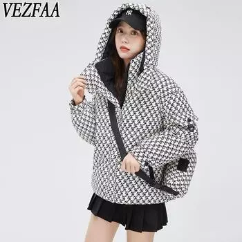 VEZFAA Женская мода повседневная осень-зима клетчатый принт с длинным рукавом куртки и пальто пуховики L