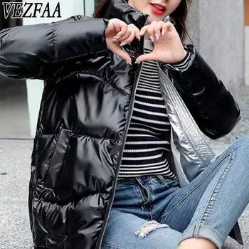 VEZFAA Женская мода Повседневная Осень Зима Однотонные принты Длинные рукава Куртки и пальто Пуховики S чёрный