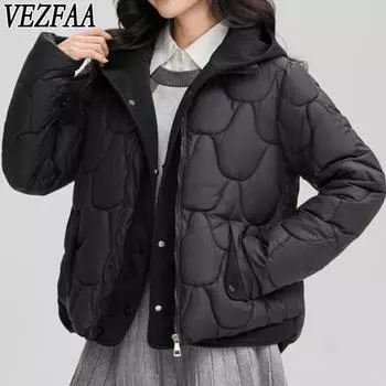 VEZFAA Женская мода Повседневная Осень Зима Однотонные принты Длинные рукава Куртки и пальто Пуховики M чёрный