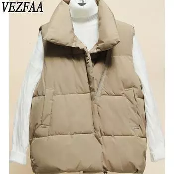 VEZFAA Женская мода Повседневная Осень Зима Однотонные принтованные безрукавки и пальто Пуховики M чёрный