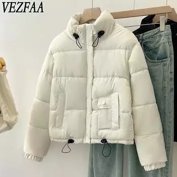 VEZFAA Женская мода Повседневная Осень Зима Однотонные принты Длинные рукава Куртки и пальто Пуховики M чёрный