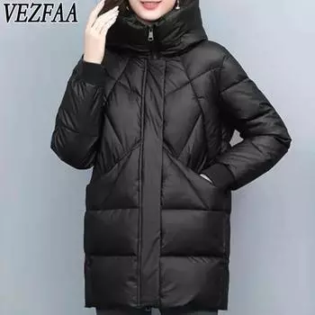 VEZFAA Женская мода Повседневная Осень Зима Однотонные принты Длинные рукава Куртки и пальто Пуховики M чёрный