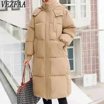 VEZFAA Женская мода Повседневная Осень Зима Однотонные принты Длинные рукава Куртки и пальто Пуховики M чёрный