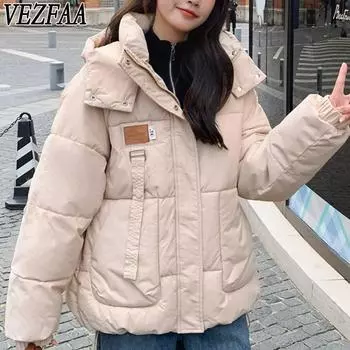 VEZFAA Женская мода Повседневная Осень Зима Однотонные принты Длинные рукава Куртки и пальто Пуховики S чёрный