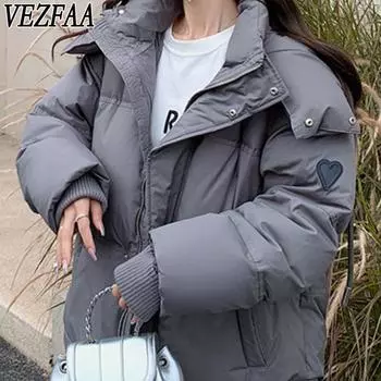 VEZFAA Женская мода Повседневная Осень Зима Однотонные принты Длинные рукава Куртки и пальто Пуховики M чёрный