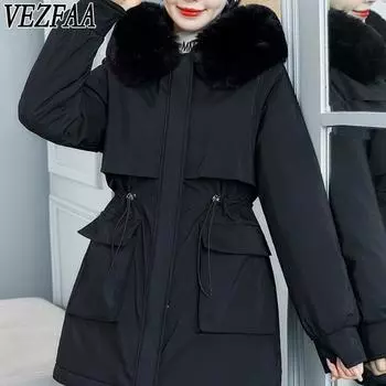 VEZFAA Женская мода Повседневная Осень Зима Однотонные принты Длинные рукава Куртки и пальто Пуховики M хаки