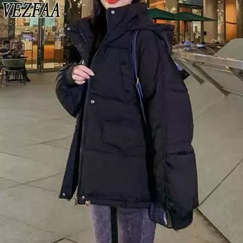 VEZFAA Женская мода Повседневная Осень Зима Однотонные принты Длинные рукава Куртки и пальто Пуховики S чёрный